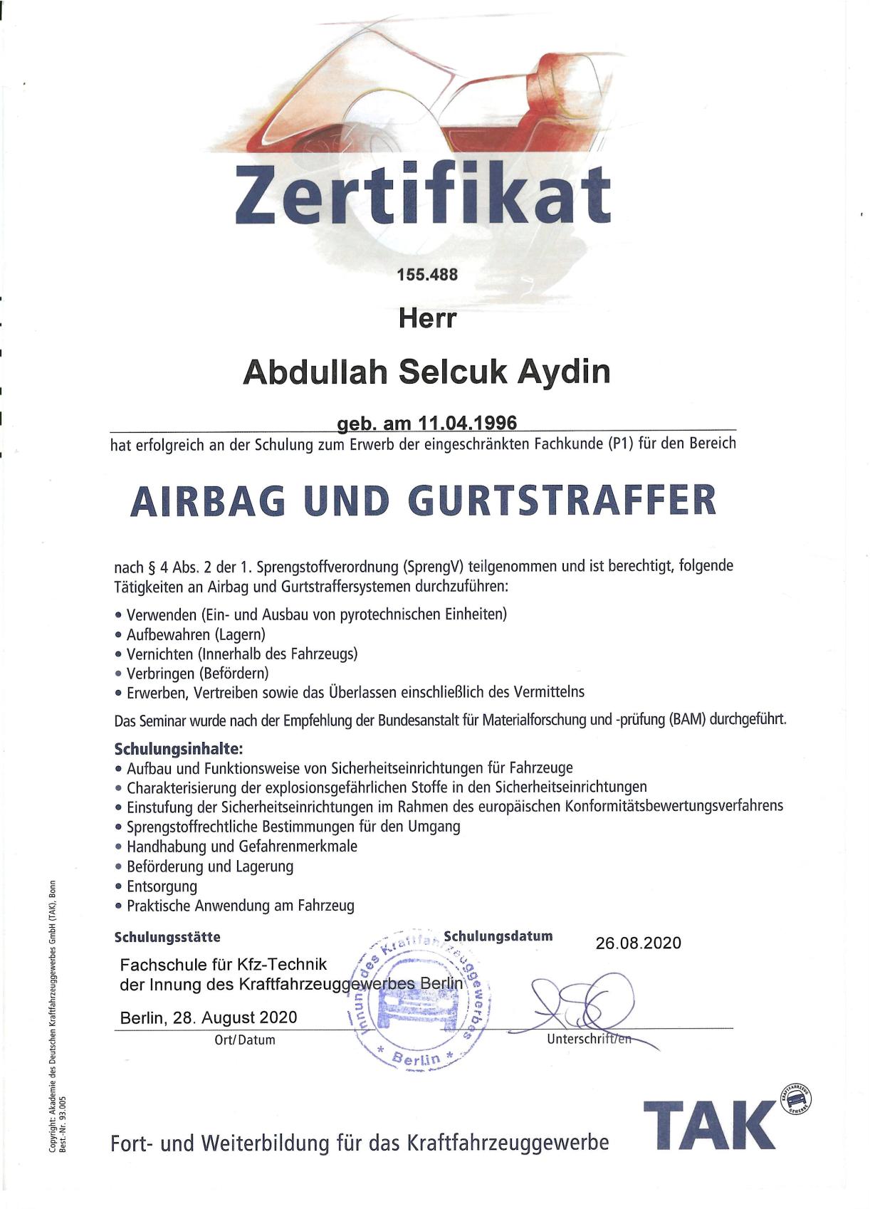 Airbag- und Gurtstraffer-Zertifikat