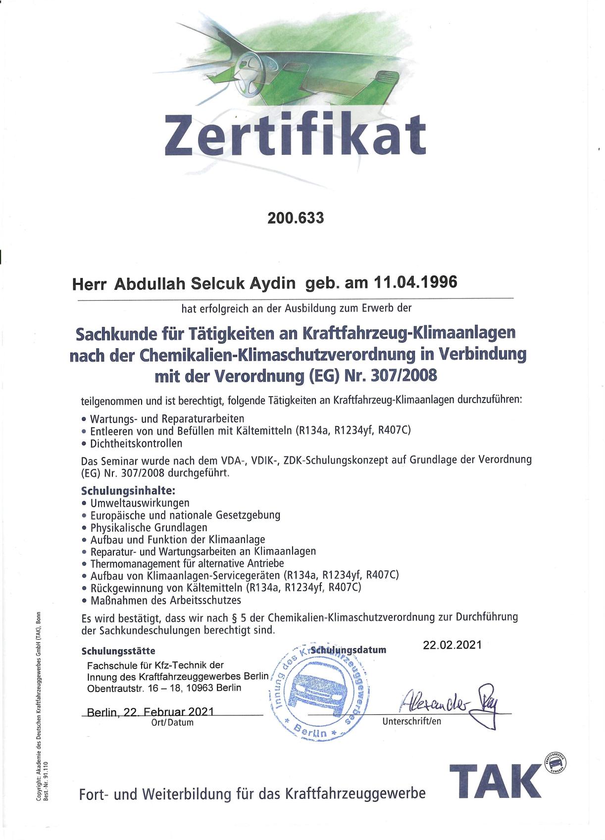 Klimaanlagen-Zertifikat