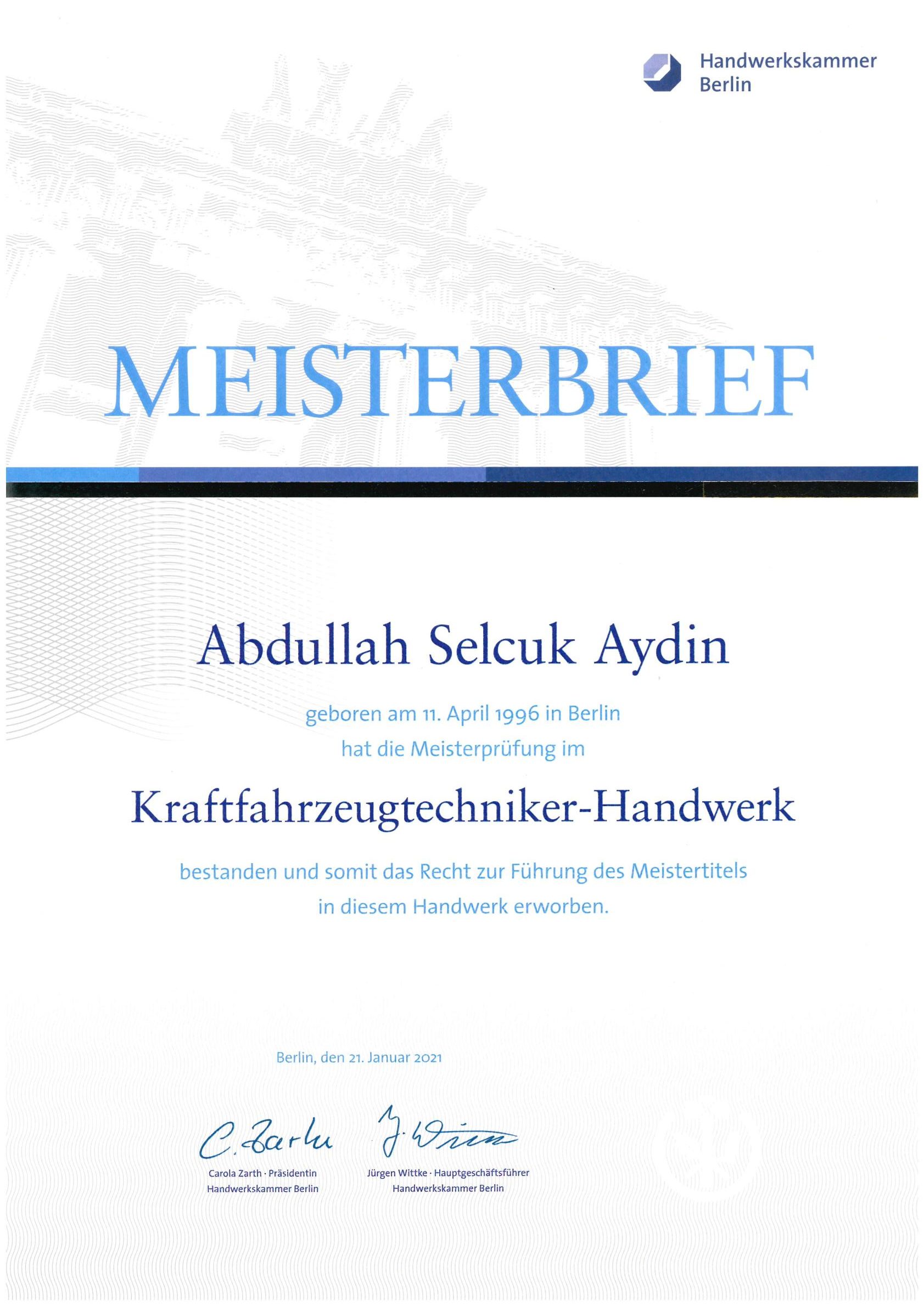 Meisterbrief KFZ-Technikerhandwerk