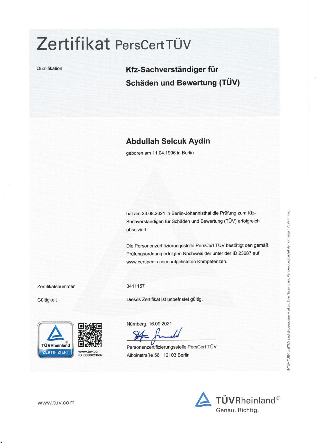 Sachverständiger Zertifikat