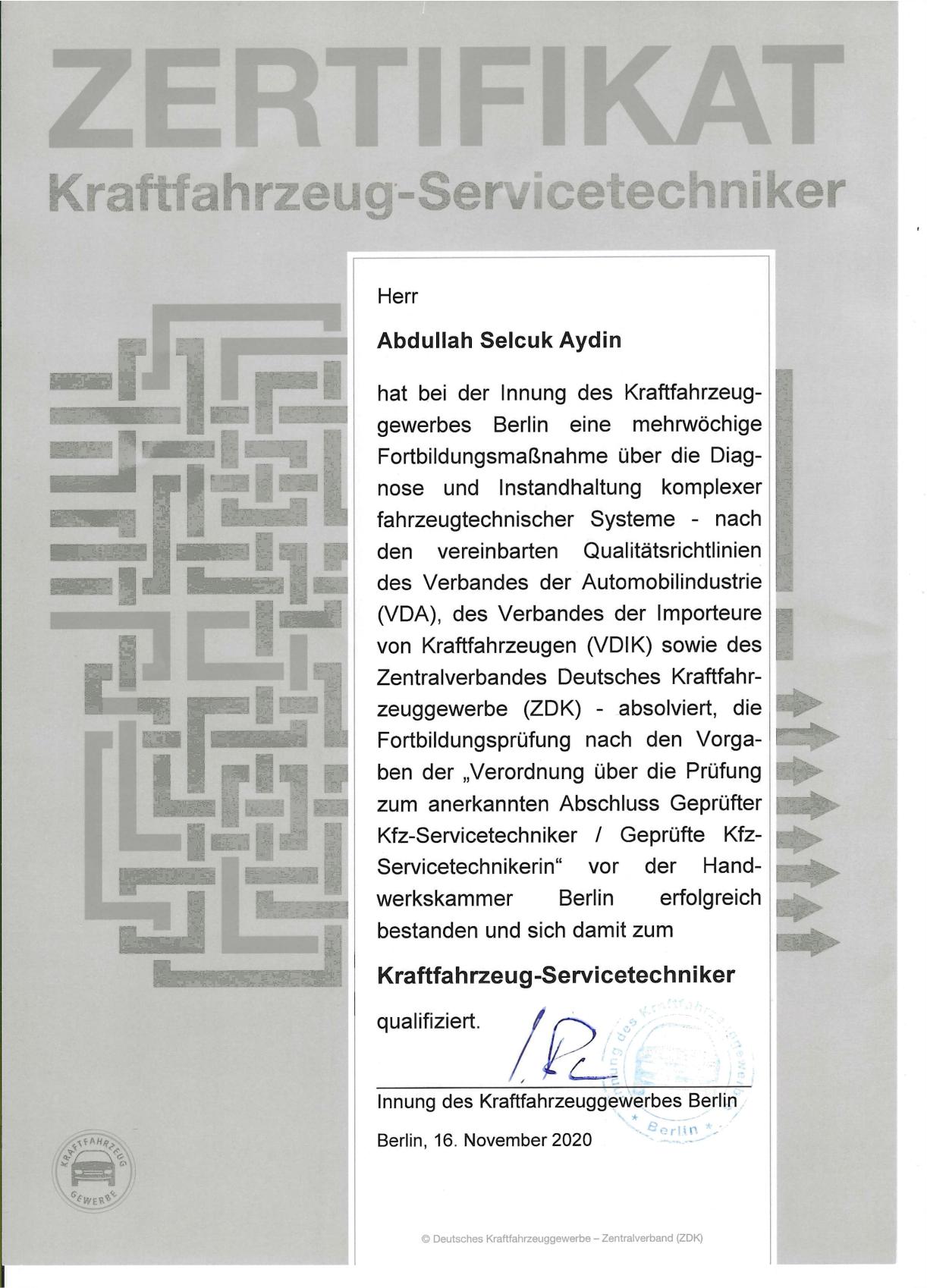 Servicetechniker Zertifikat