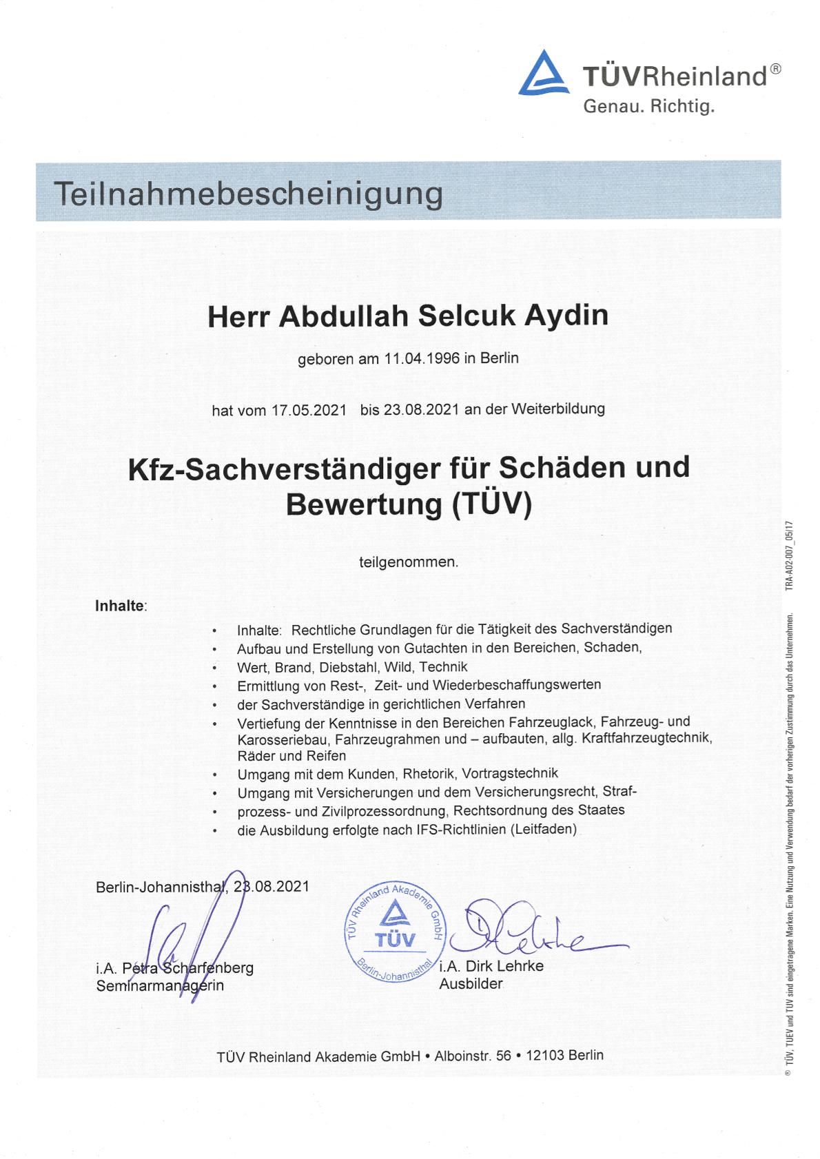 Teilnahmebescheinigung TÜV Rheinland